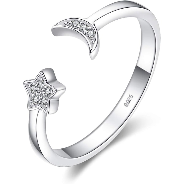 Moon Star Cubic Zirconia öppna justerbara ringar 925 sterling silver ringar, simulerad diamantmanschett finger tumband ring, flickor dam smycken gåvor