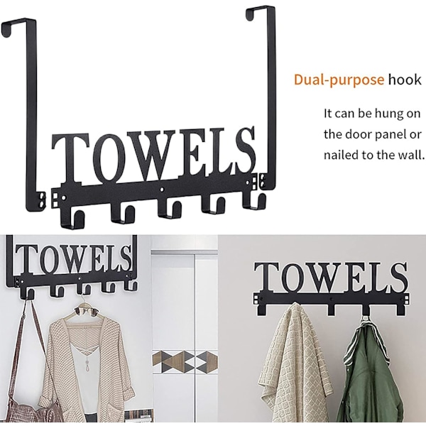 Over The Door Hooks, Heavy-Duty Over Door Hanger - 5 Hooks, Aftagelig vægmonteret håndklædeholder Hanger(Sort)