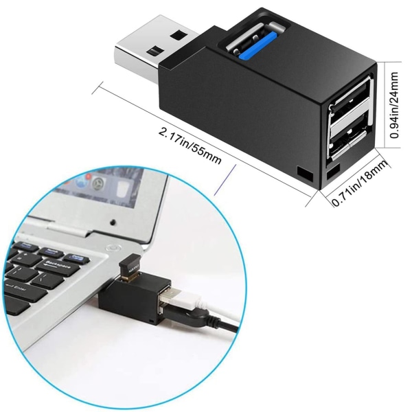 USB-hub, Mini USB 3.0 Hub, 3 Port Hub (2 USB 2.0 + USB 3.0), Adapter Højhastighedsudvidelse til PC Laptop, Desktop, Macbook, USB Flash Drives, Mobile HDD