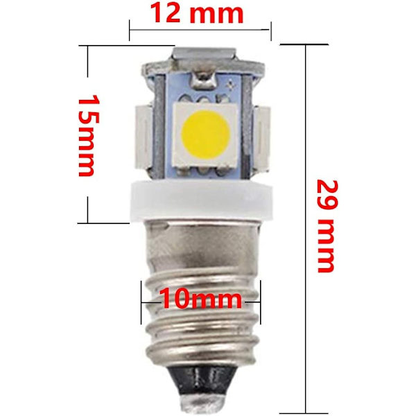 10 stk E10 6V LED pærer 5SMD 0,5W 50LM lampe (varm hvid)