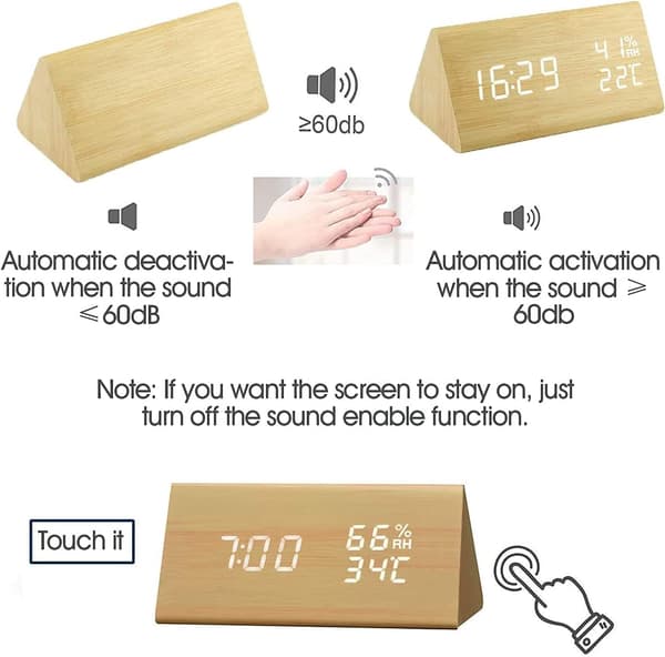 LED-trä digital väckarklocka, 12/24 timmar, datum, temperatur, touch-aktiverad multifunktions väckarklocka för sovrum kontor sängbord