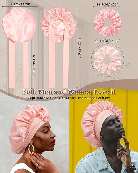Satin Bonnet för Sömn Kvinnor Dubbellager Hårmössa med 2 st Hårsnoddar Elastiskt Band Nattmössa pink