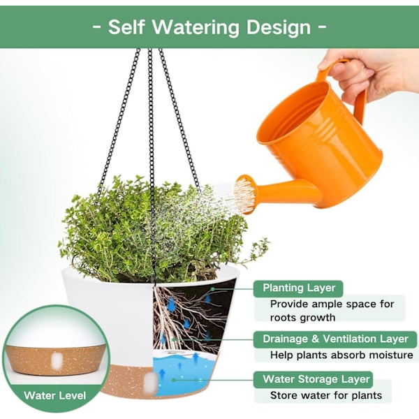 2 Pakke 25cm Diameter Hengende Plantepotter Innendørs Utendørs med Dreneringshull og 3 Kroker for Hage og Hjem (Hvit)
