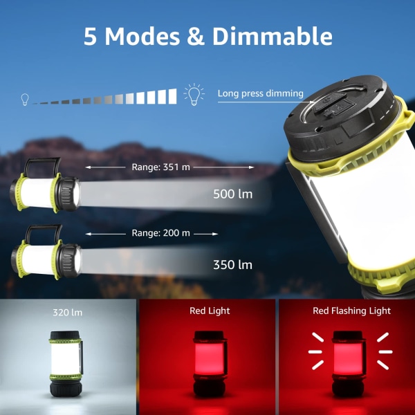 Campinglys, oppladbar, lyssterk LED-lommelykt, oppladbar, dimbar 5 moduser campinglyktlykt med powerbank, oppladbar lykt