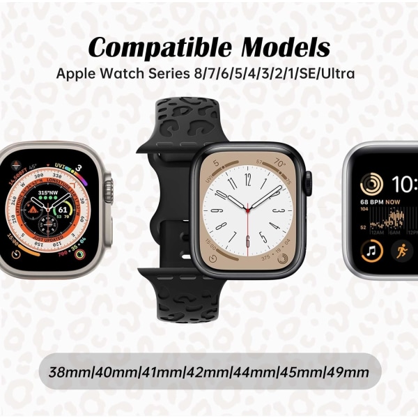 Leopardikuvioinen pehmeä silikoniranneke, yhteensopiva Apple Watch -rannekkeiden kanssa 42 mm 44 mm 45 mm 49 mm naisille ja miehille, vaihtorannekkeet iWatch-sarjaan black 42/44/45/49MM