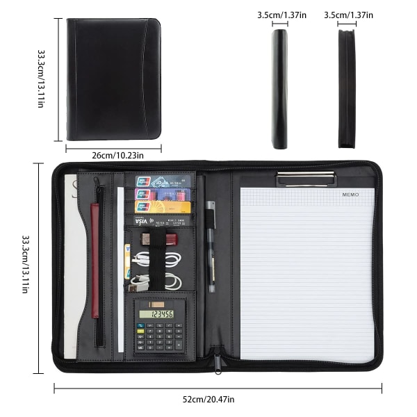 A4 konferansemappe, skrivemappe, portefølje, dokumentmappe, mappe med glidelås, skriveblokk, svart
