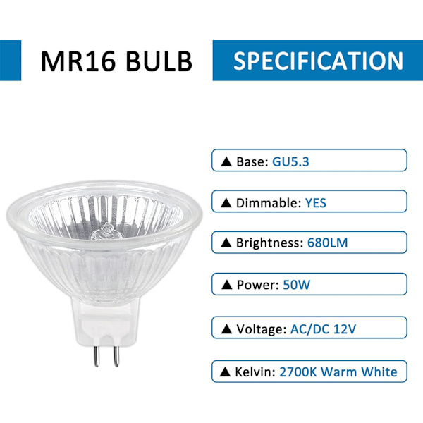 Halogenpære GU5.3 50W 12V, 800lm Varm Hvid 2700K Dæmpbar 6stk