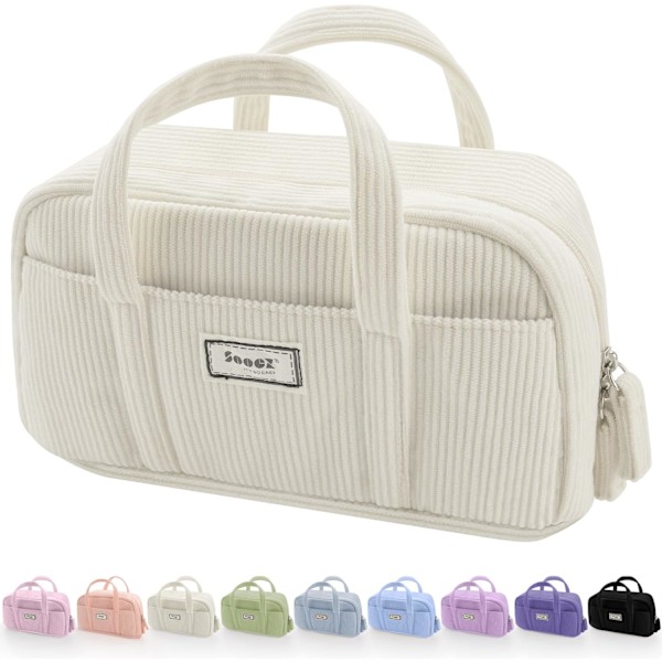 Stor blyantsæske, ekstra stor blyantpose med 5 rum, pennepose med bred åbning, blød fløjls blyantpose arrangør med lynlås-beige white