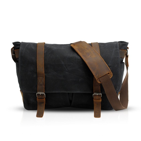 Vintage Messenger Bag 14 tum bärbara datorer Satchel Portfölj Väska Män och Kvinnor Skolväska Läder Canvas, Svart black