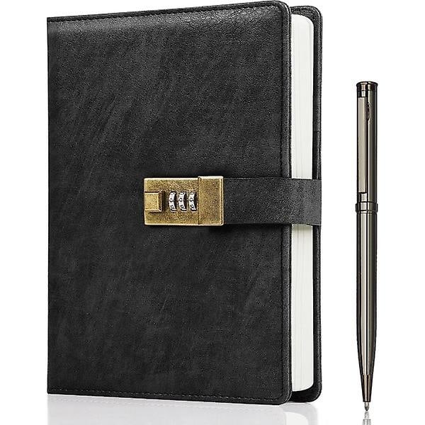 Dagbog med lås, A5 PU læderjournal med lås 240 sider, Vintage lås journal adgangskodebeskyttet notesbog black