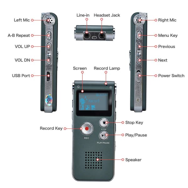 Bærbar digital stemmeopptaker Lydlydopptaker Diktafon LCD-opptaker MP3-spiller - 8 GB (grå)