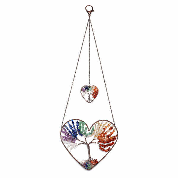 Sydän 7 Chakra Healing Crystal Tree of Life Ripustettava Koriste Langallinen Kvartsi Jalokivi Seinä Ripustin Koti Toimisto Ikkunat Koriste Meditaatio Tasapaino