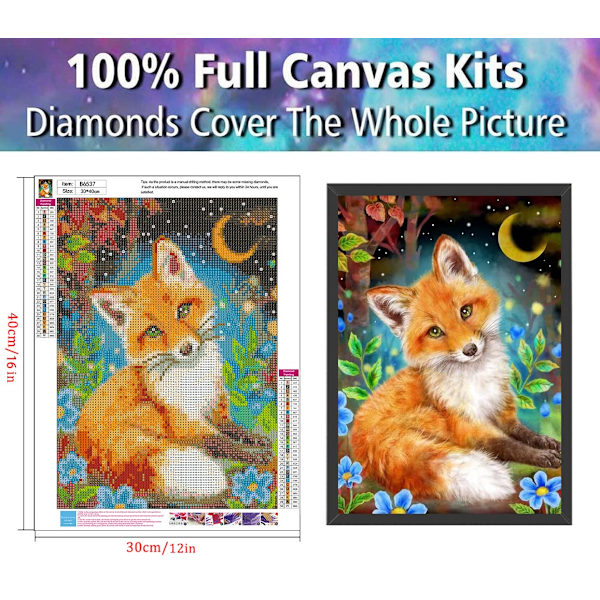 Diamantmaleri Kits, Ræv 5D Diamantkunst Kits, 12x16 tommer