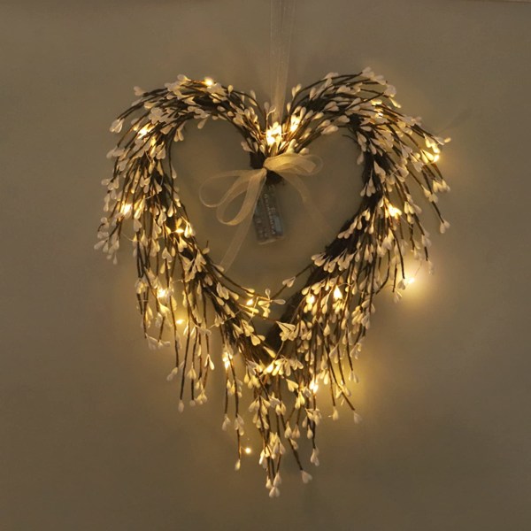 15,7 tommer valentinsdagkrans hvit hjerteformet krans ytterdørsdekorasjoner med LED-lys forhåndsbelyst krans til bryllupsdørgave til jente