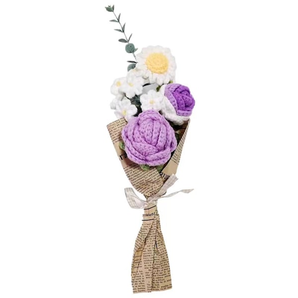 Färdig stickad virkad blombukett handvirkad bukett blandad handgjord DIY stickad blomma ros solros