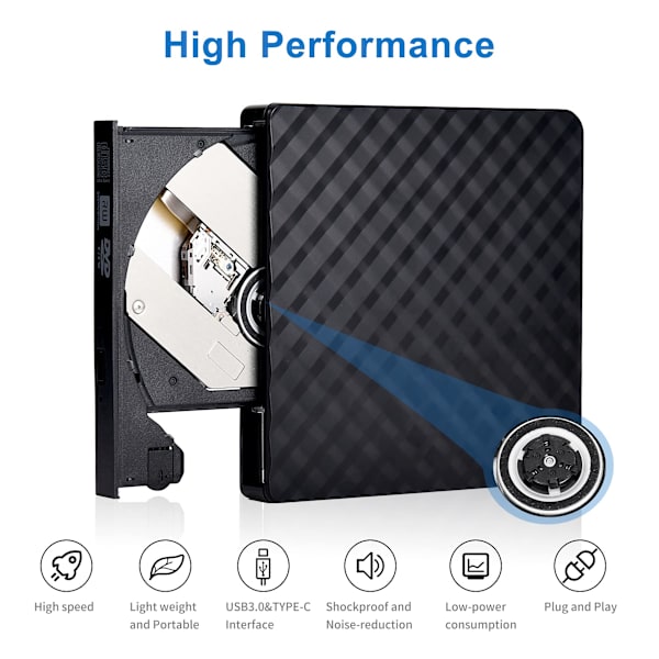 Ekstern CD DVD-stasjon, USB 3.0 og Type-C bærbar CD DVD