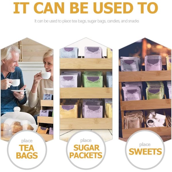Tehposeholder i tre - 3-lags teboks-organisator, naturlig massivt tre, te pose organiser for oppbevaring av teposer, kaffekapsler, sukkerpakker