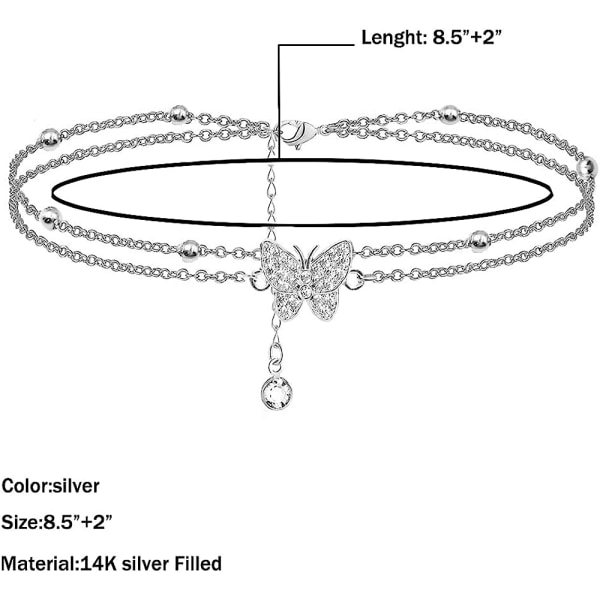 14K Butterfly Sølv Ankelkjetting for Kvinner - Justerbar Dame Ankelkjetting - Smykker Ankelkjetting Gaver til Kvinner Tenåringsjenter (Inkluder Gaveeske)