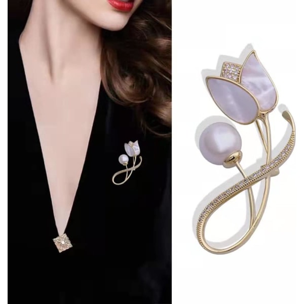 Skjell Tulipan Blomster Brosje Pin for Kvinner Jenter Mote Krystall Delikat Perle Rhinestone Slips Nål Elegant Kjole Tilbehør Smykker Boutonniere