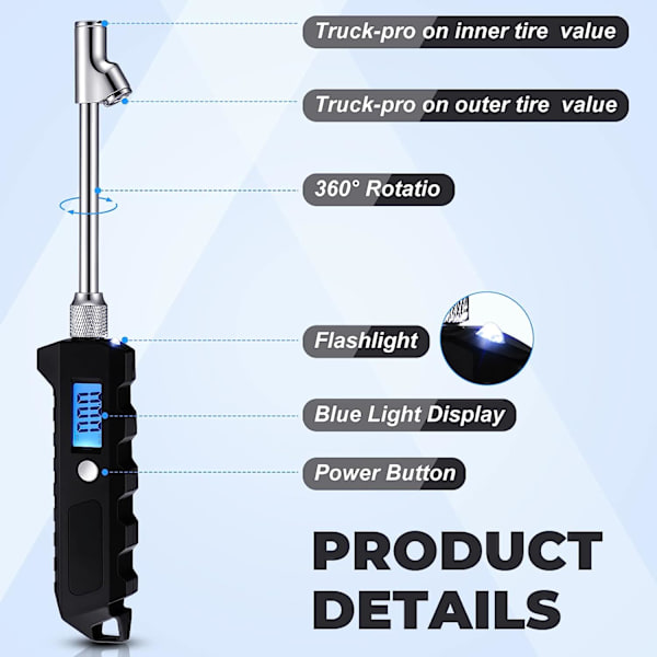 2 stk. Digitalt dæktryksmåler 250 PSI Heavy Duty Dual Head Rustfrit stål med LCD og lommelygte til bil, lastbil og RV biltilbehør
