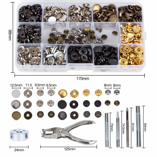 146 sæt tryklås-sæt, lædernitter, trykknapper, trykknapper med dobbelt hætte med fastgørelsesværktøj til tøj, tasker, bælter reparation dekoration