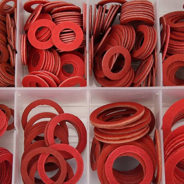 Fiberbrickssortiment, 600 st Röda Stålpappersfiber Platt Brickssats Isolering Packning Blandad