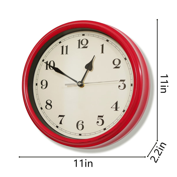 Maalaismainen seinäkello, 11 tuuman maalaistyylinen hiljainen kello (punainen)
