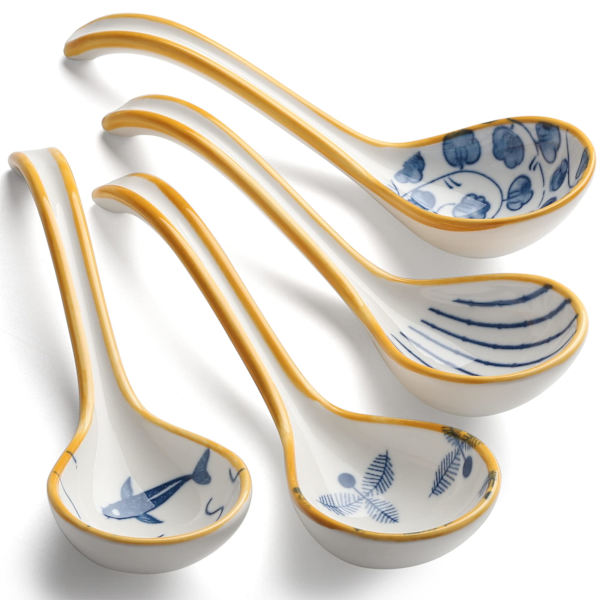 Keramiske suppeskeer sæt med 4 porcelæn japanske suppeskeer
