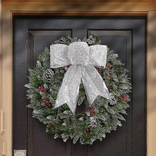 8 stk. glitter julekrans sløyfe juletrepynt sløyfer til juleborddekor silver