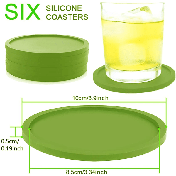 Drikkeunderlag sæt med 6, skridsikker silikone, vaskbar kopmåtte, grøn