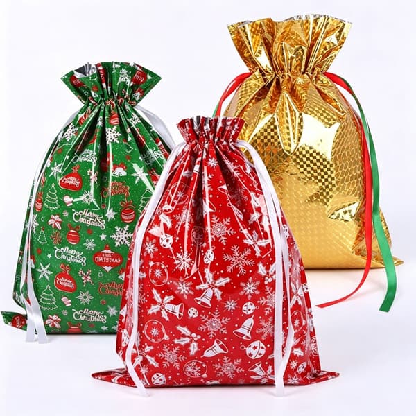 43 * 58cm Stor Julepose med Snøring, 3-pakning Julegavepose med Snøring for Julefest