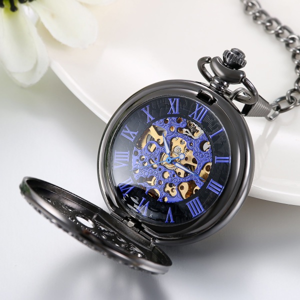 Black Hollow Gear Wheel Skeleton Hand Wind Mechanical Pocket Watch with Chain