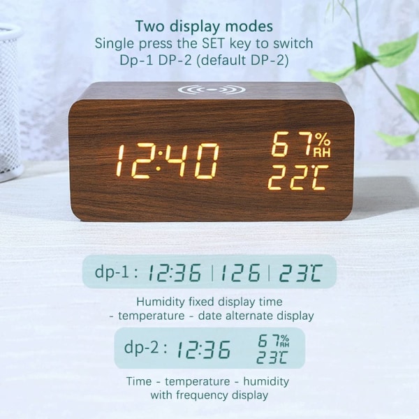 Digital väckarklocka, väckarklocka för temperatur och luftfuktighet LED Elektronisk klocka Smartphone trådlös laddare (Vit)