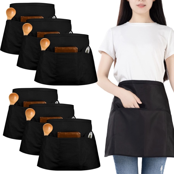 6 Pack sort taljeforklæde, servitriceforklæde med 3 lommer