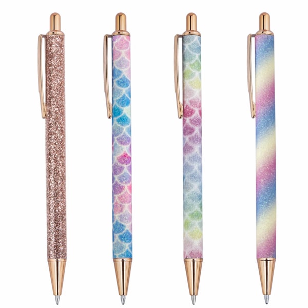 Kulspetspennor 4 stycken glitter roséguld klickkulpennor Metall Indragbar penna för skolkontorsmaterial, svart bläck Medium Point 1,0 mm