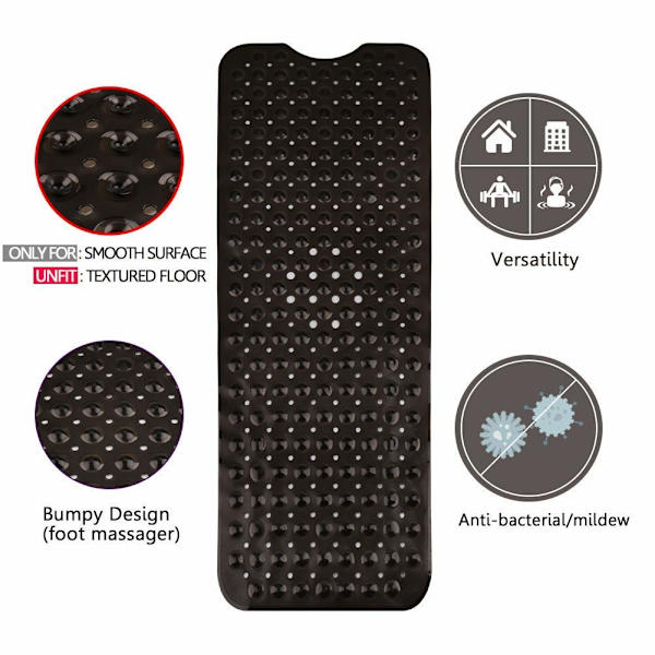 Badkarsmatta halkfri mögelresistent, extra lång badkarsmatta halkfri mattor för badrum, antibakteriell, BPA 39x16 tum, klar svart