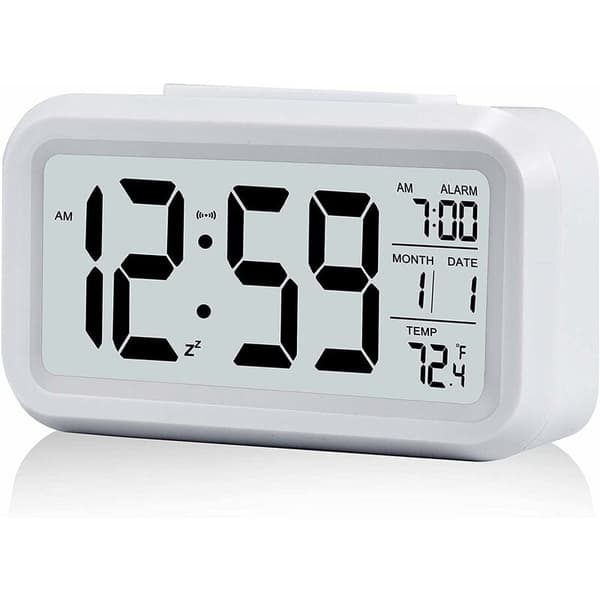 Digital Väckarklocka, Batteridriven Tyst Digital Klocka för Barn Vuxna Stor LED-Display Temperatur Kalender (Vit)
