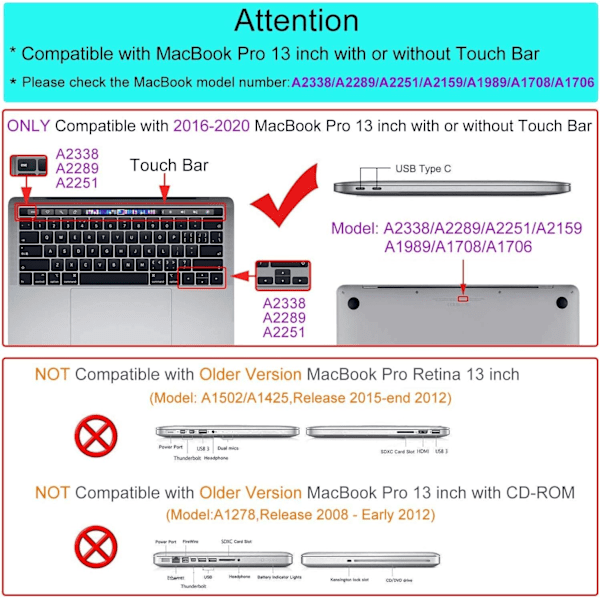 Etui kompatibel med MacBook Pro 13 tommer 2016-2020 (A2338 M1/ A2289/ A2251/ A2159/ A1706/ A1989) Beskyttende Snap On Hard Shell Cover