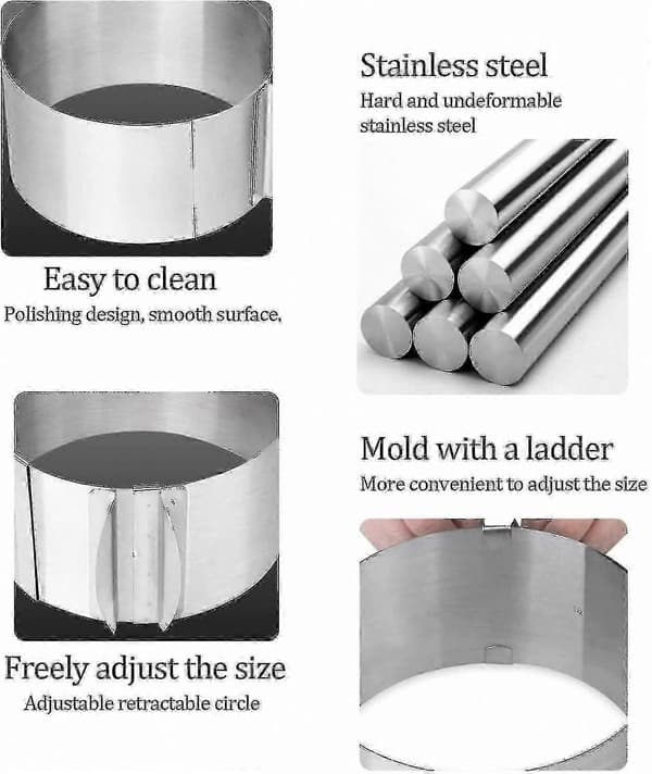 Justerbar kakering i rustfritt stål, 20-40 cm, kakeform for mousse og kragedesign