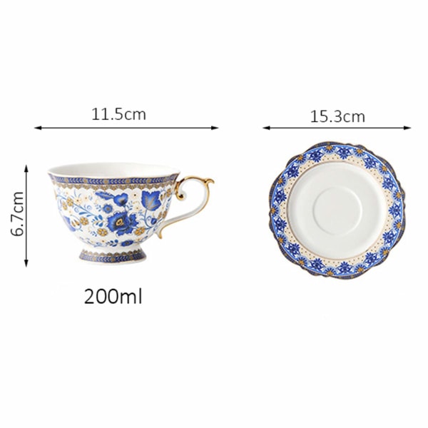 Fine Bone China brittiläinen kahvikuppi- ja set, Blue Floral Vintage posliiniteekuppi, 200 ml
