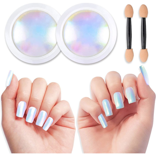 Pearl Chrome Neglepulver Aurora Effekt【Stor Kapacitet】- 2 stk. Spejleffekt Aurora Magisk Perlemorspejl Glitter Negle Chrome Pulvere White C