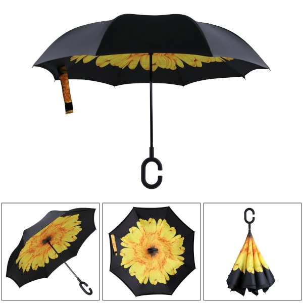 Dobbeltlags omvendte paraplyer Omvendt foldeparaply Selvstående vindtæt UV-beskyttelse med C-formet håndtag - Solsikke
