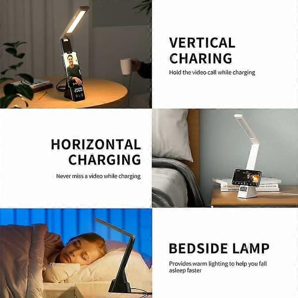 Skrivebordslampe, LED, Trådløs oplader, 3 i 1, Touch konsol lys, Ur