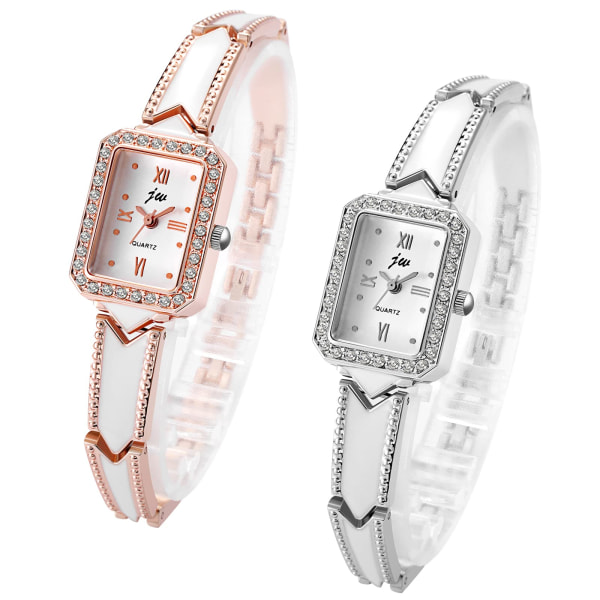 Naisten watch Tyylikäs analoginen watch Naisten tekojalokivi, suorakaiteen muotoinen roomalaisin numeroin solmittava watch metallirannekkeella ruusukulta/hopea