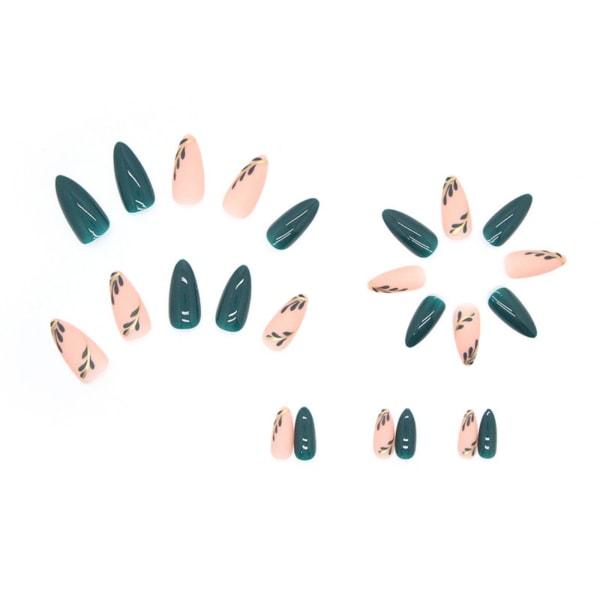 24 st lösnaglar korta med löv, mörkgröna franska naglar