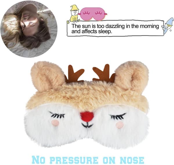 1 stk. Julerensdyr1 Sød Rudolph Øjenmaske til Sovende Blød Fluffy Blindfold Søvnmaske 3D Dyr Åndbar Øje - Brun