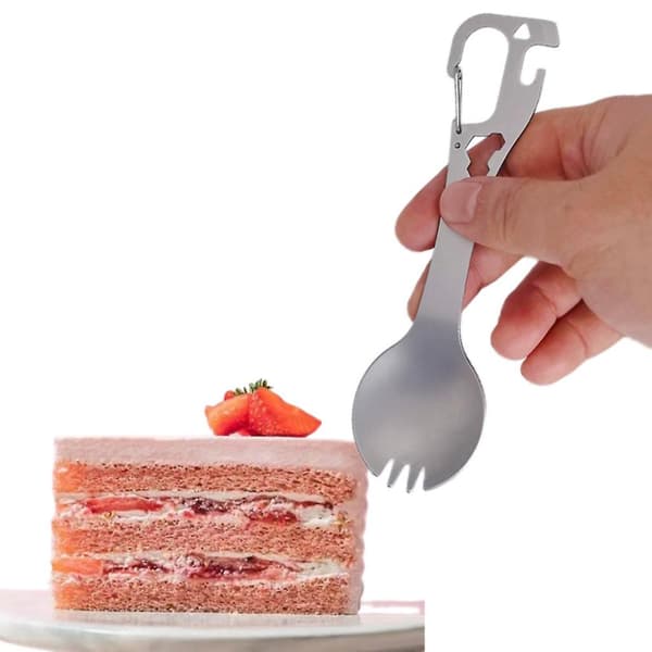 5 i 1 Rustfritt Stål Spork Camping Bestikk med Skje Gaffel Flaskeåpner silver