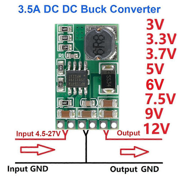 DC-DC Buck Converter Modul 4.5-27V til 3.3V 3.5A Step Down Regulator