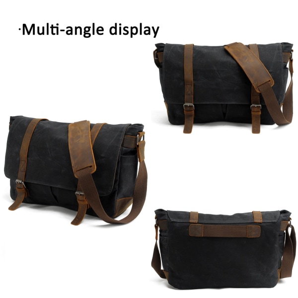 Vintage Messenger Bag 14 tommer laptops Satchel Briefcase Taske Mænd og Kvinder Skoletaske Læder Canvas, Sort black