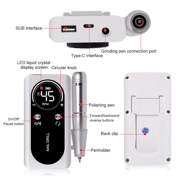 45000RPM nagelborrmaskin, uppladdningsbar nagelborr, elektrisk nagelfilset med 6 bits och slipband, multifunktionella nagelverktyg med kraft white